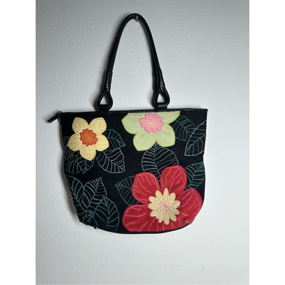 Talbots Floral Stitched Black Canvas Tote Handbag Zipper See Description